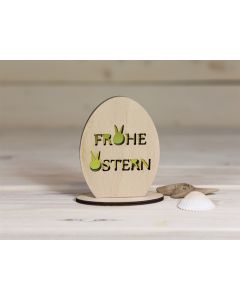 Osterei aus Holz "Frohe Ostern" gelb