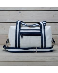 Sporttasche "Stexwig" weiß mit blauweiß-gestreiftem Gurt